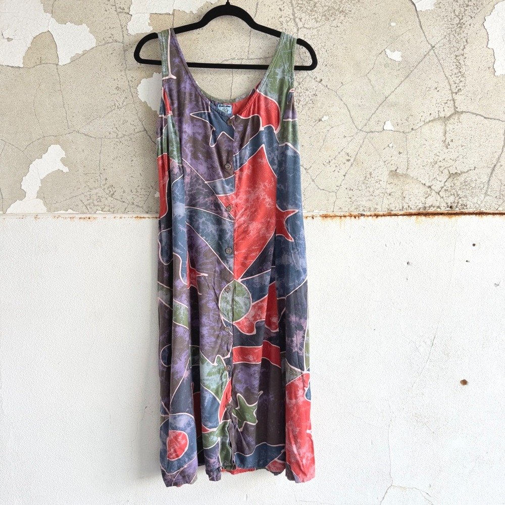 Vtg 90s Midi Dress Button Front Abstract Rayon Tank‎ Sundress Artsy Lagenlook L